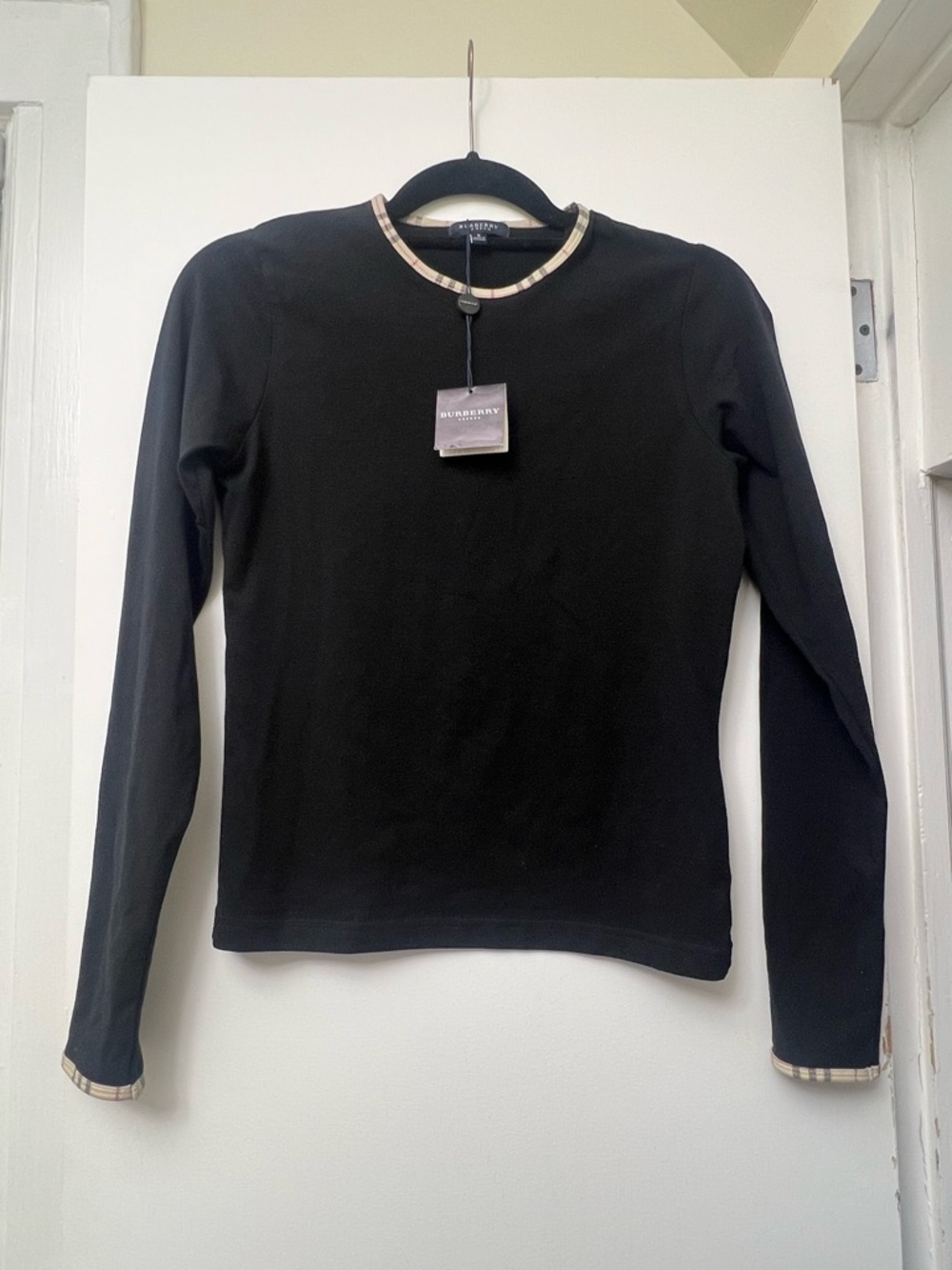 Burberry Black Long-Sleeve Tee with Signature Check Trim